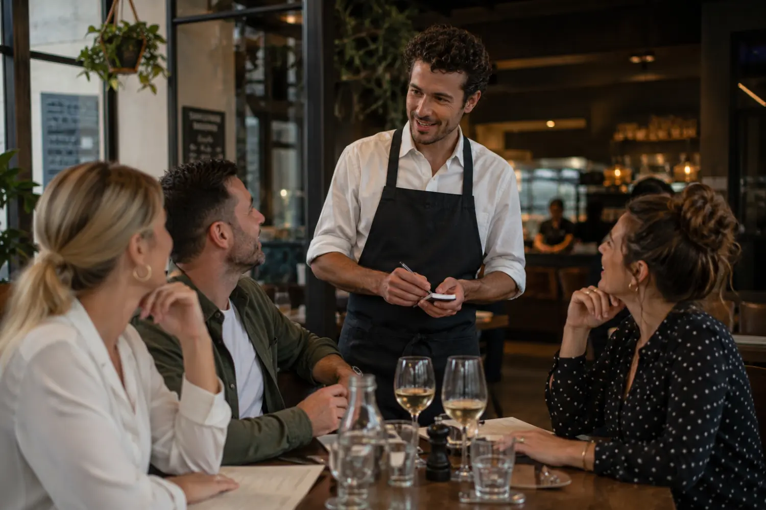 A waiter taking an order from guests at a restaurant table