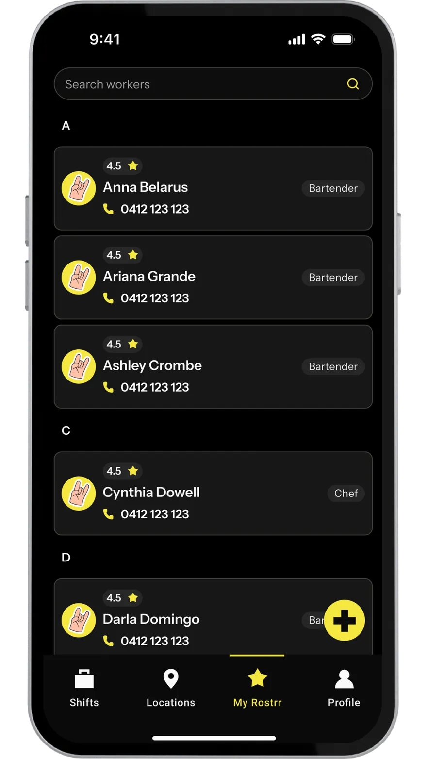 OnTheRostrr venue app showing My Rostrr, a saved list of trusted hospo workers to invite back directly